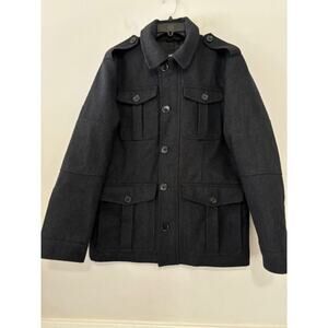 Express Mens Medium Coat Wool Blend Military Peacoat Winter Button Zip Gray